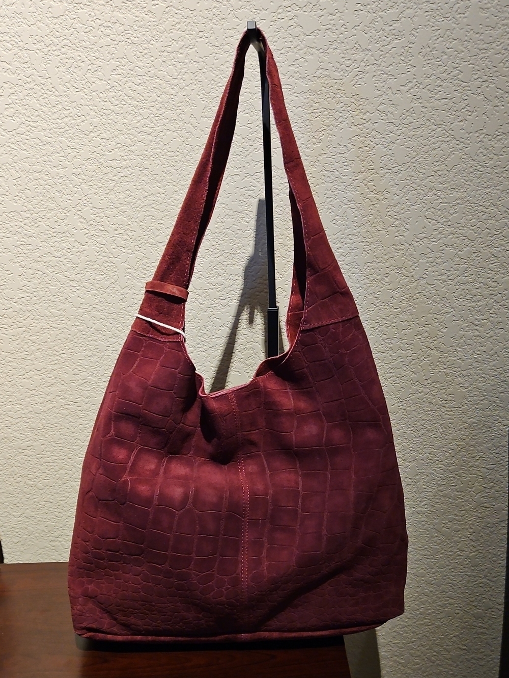 Haute Hippie - Red Wine Croc Genuine Leather Suede Hobo Bag - Picture 2 of 4